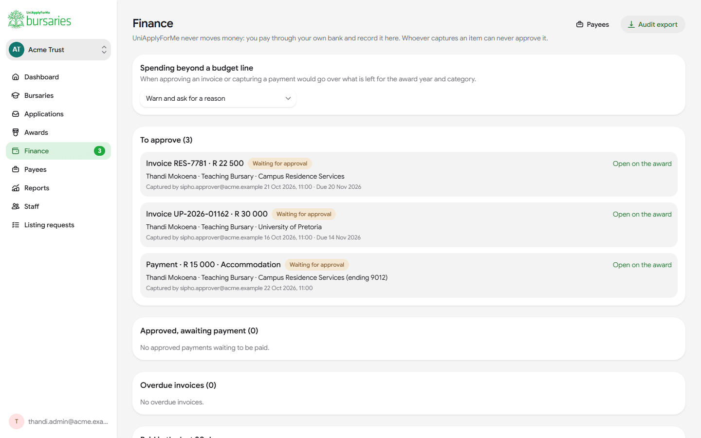 The finance inbox: invoices and a payment waiting for approval, each captured by someone else.