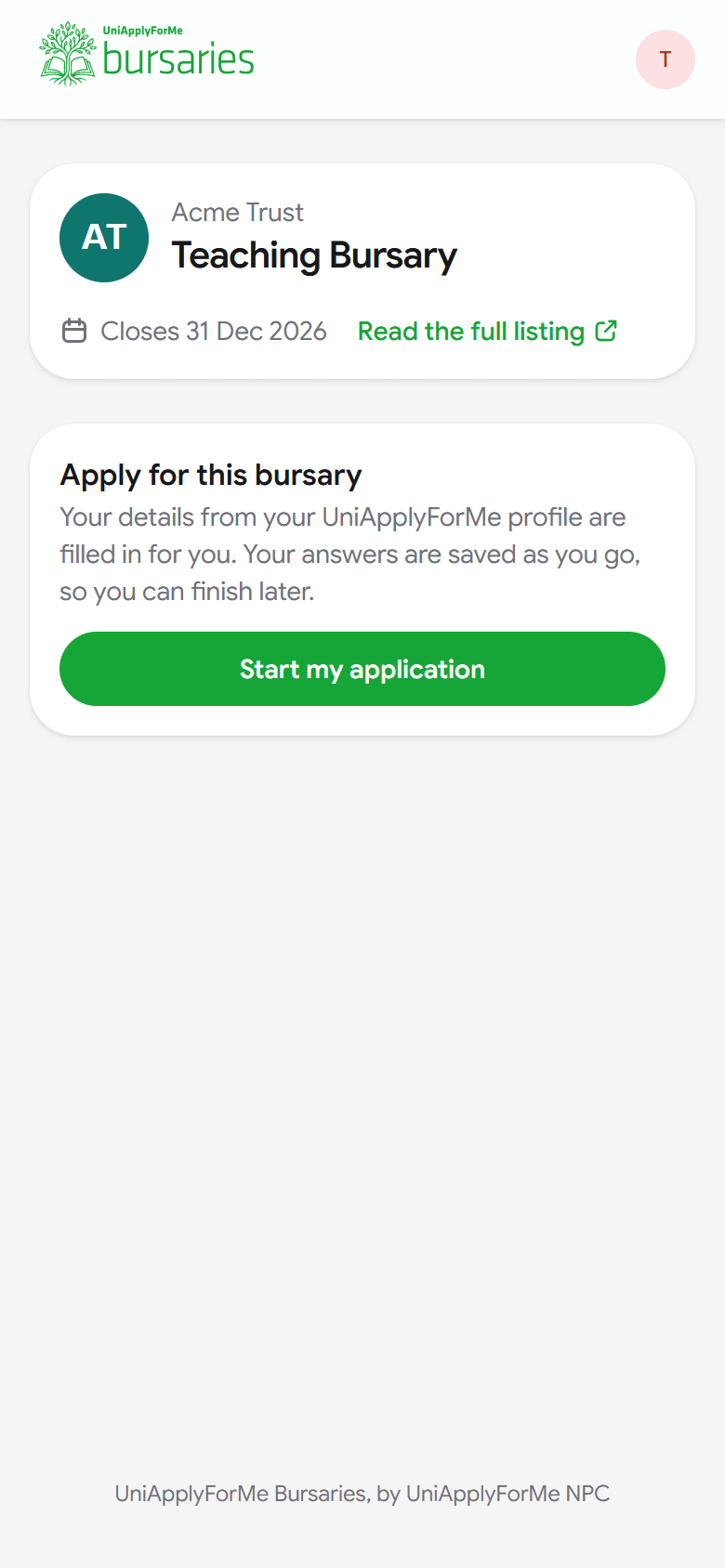A learner's apply page on a phone: the bursary and funder, the closing date and a Start my application button.