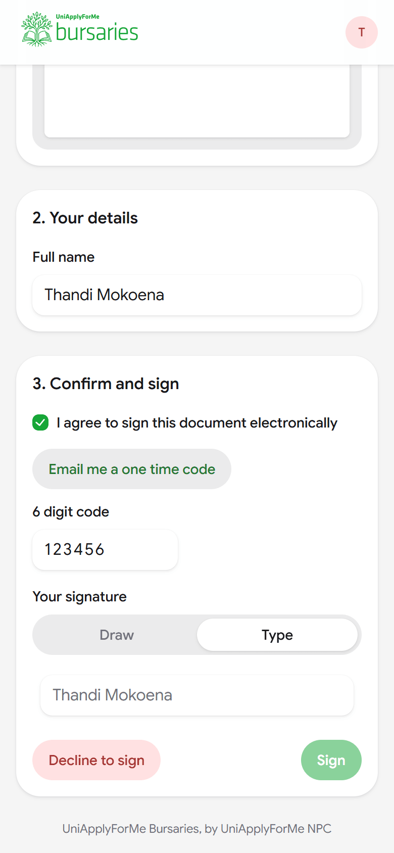 A learner signing the bursary agreement on a phone: full name, consent, the one time code and a typed signature.